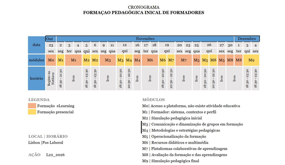 Horário PÓS-LABORAL - Curso de Formação Pedagógica Inicial de Formadores